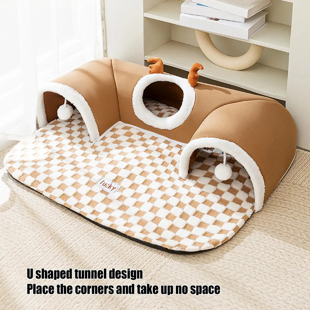 Cat Bed and Play Tunnel Warm House Tent with Plush Mat Indoor Hideaway Corner Shelter
