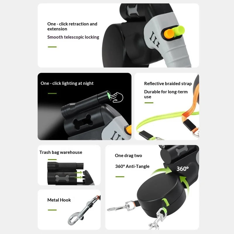 Auto Retractable Double-Headed Dog Leash 3M Rope for 2 Dogs with LED Flashlight 360 Degree