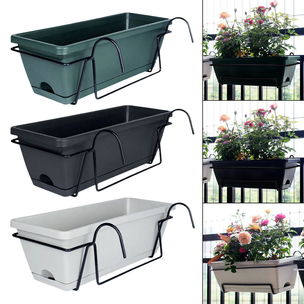 Balcony Railing Planter Plant Basket Fence Planter with Rack and Tray Flowerpot Window
