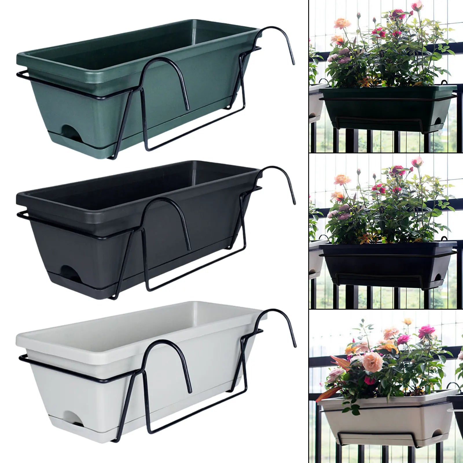 Balcony Railing Planter Plant Basket Fence Planter with Rack and Tray Flowerpot Window