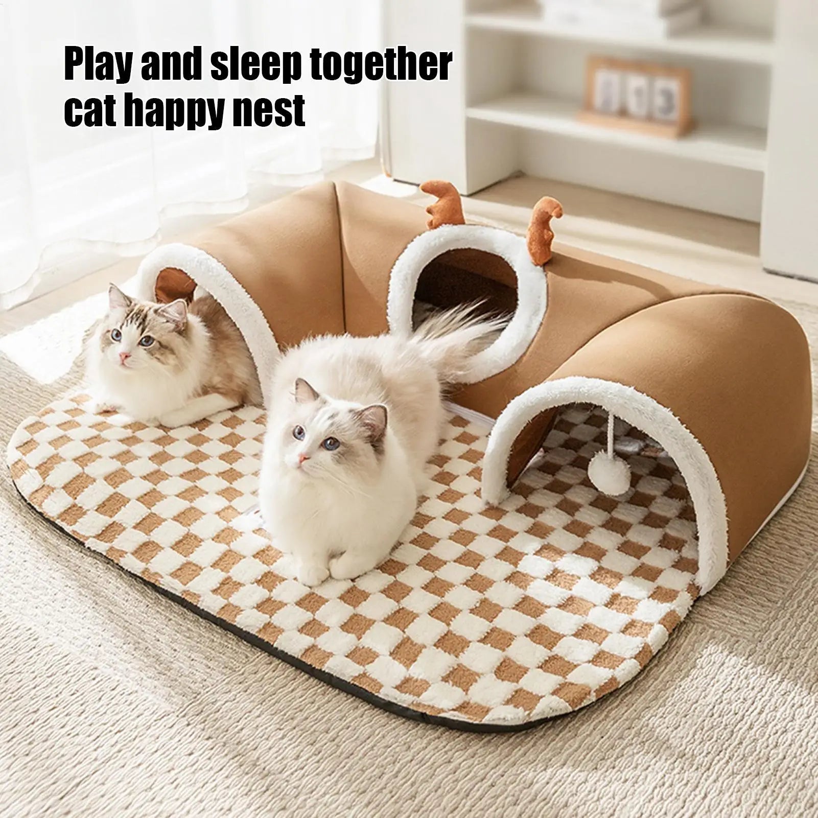 Cat Bed and Play Tunnel Warm House Tent with Plush Mat Indoor Hideaway Corner Shelter