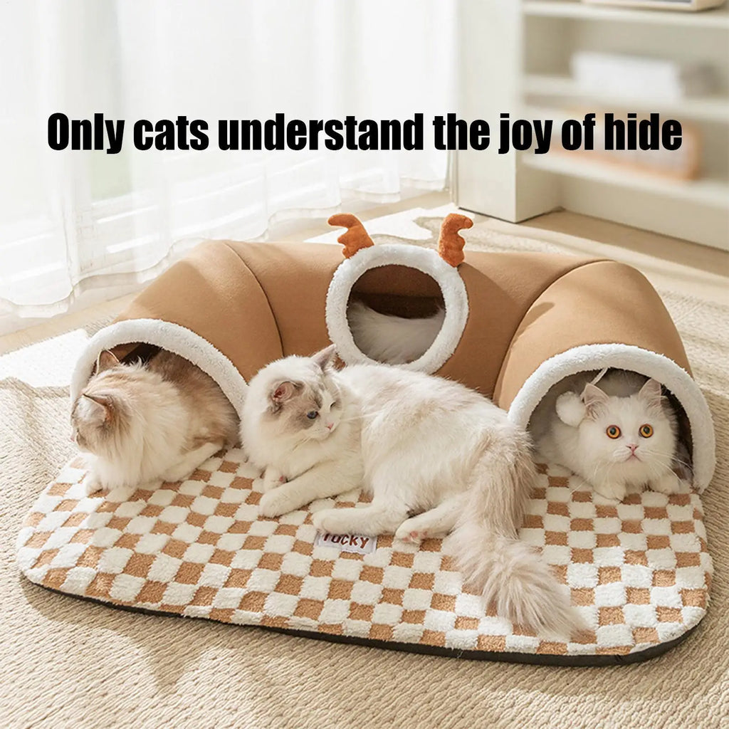 Cat Bed and Play Tunnel Warm House Tent with Plush Mat Indoor Hideaway Corner Shelter