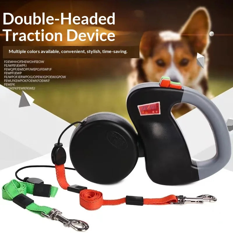 Auto Retractable Double-Headed Dog Leash 3M Rope for 2 Dogs with LED Flashlight 360 Degree