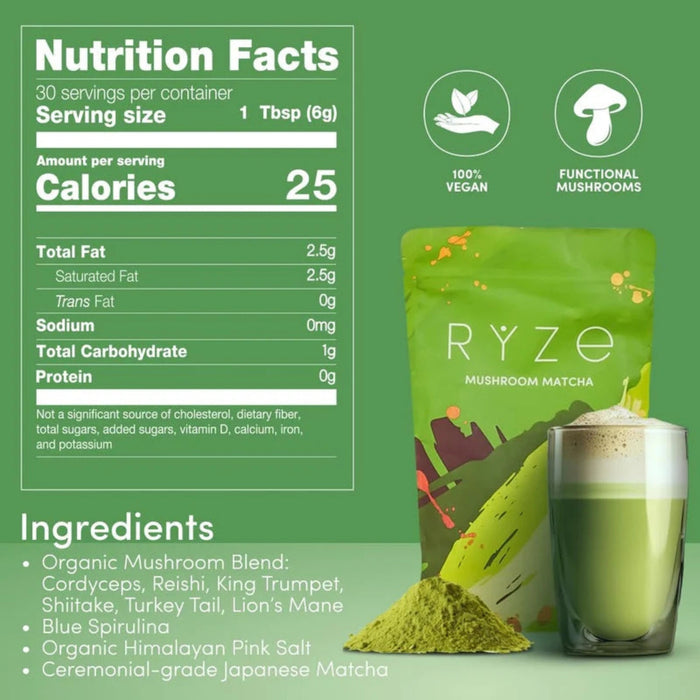 RYZE Mushroom Matcha 30 Servings, Ceremonial Grade Organic