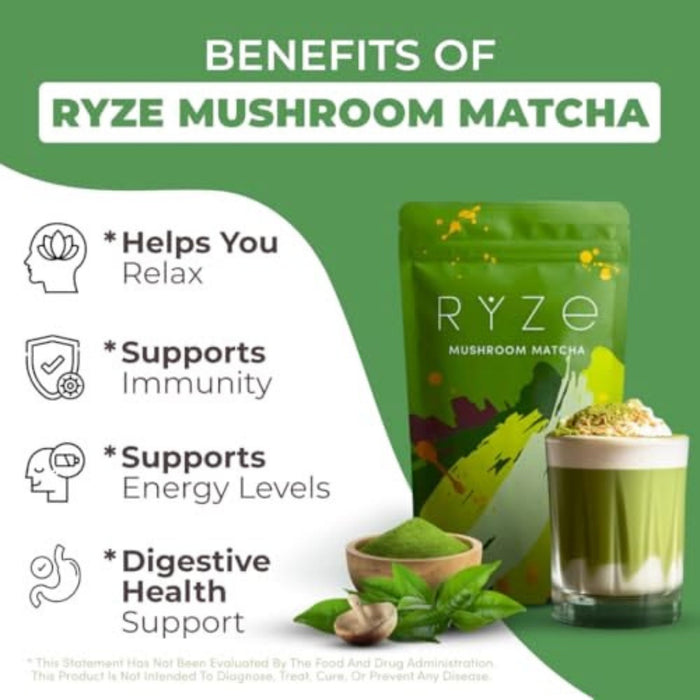 RYZE Mushroom Matcha 30 Servings, Ceremonial Grade Organic