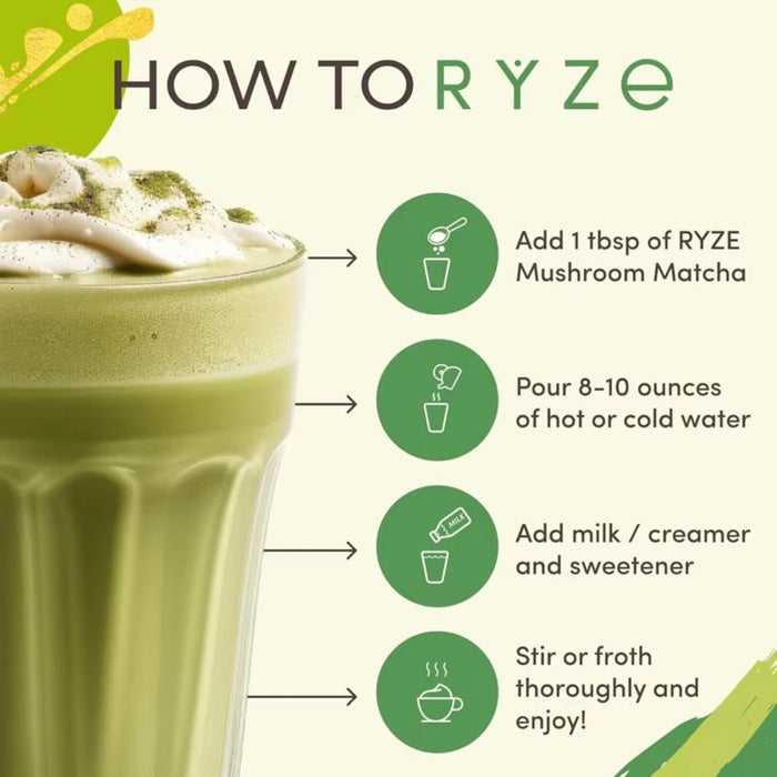 RYZE Mushroom Matcha 30 Servings, Ceremonial Grade Organic