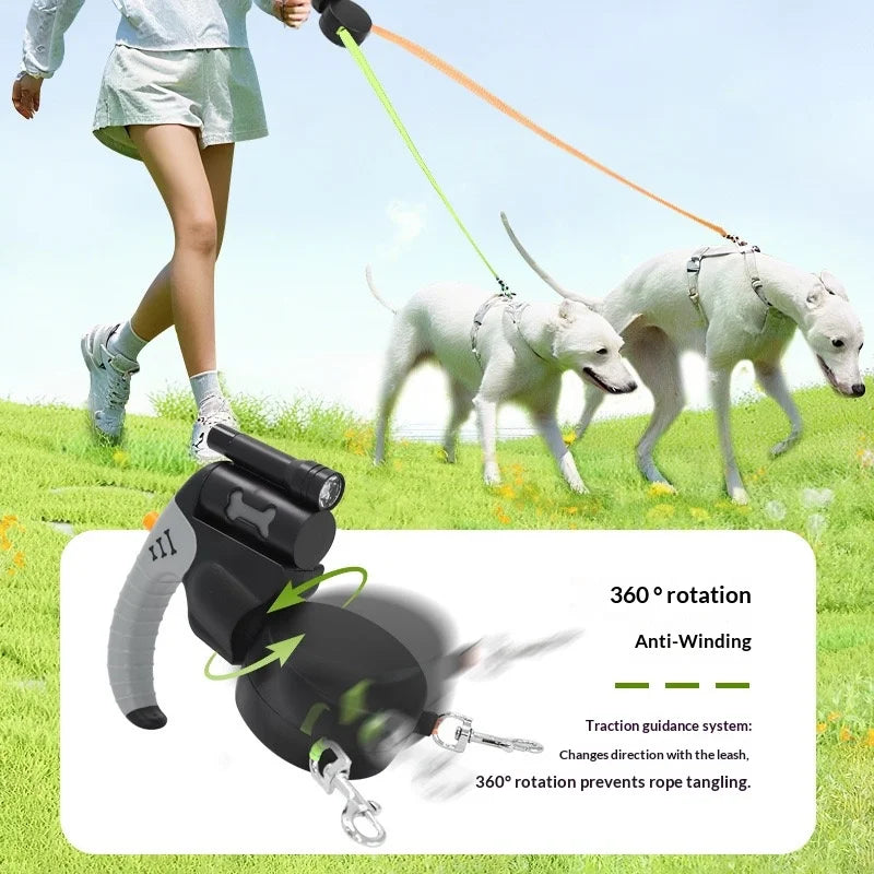 Auto Retractable Double-Headed Dog Leash 3M Rope for 2 Dogs with LED Flashlight 360 Degree