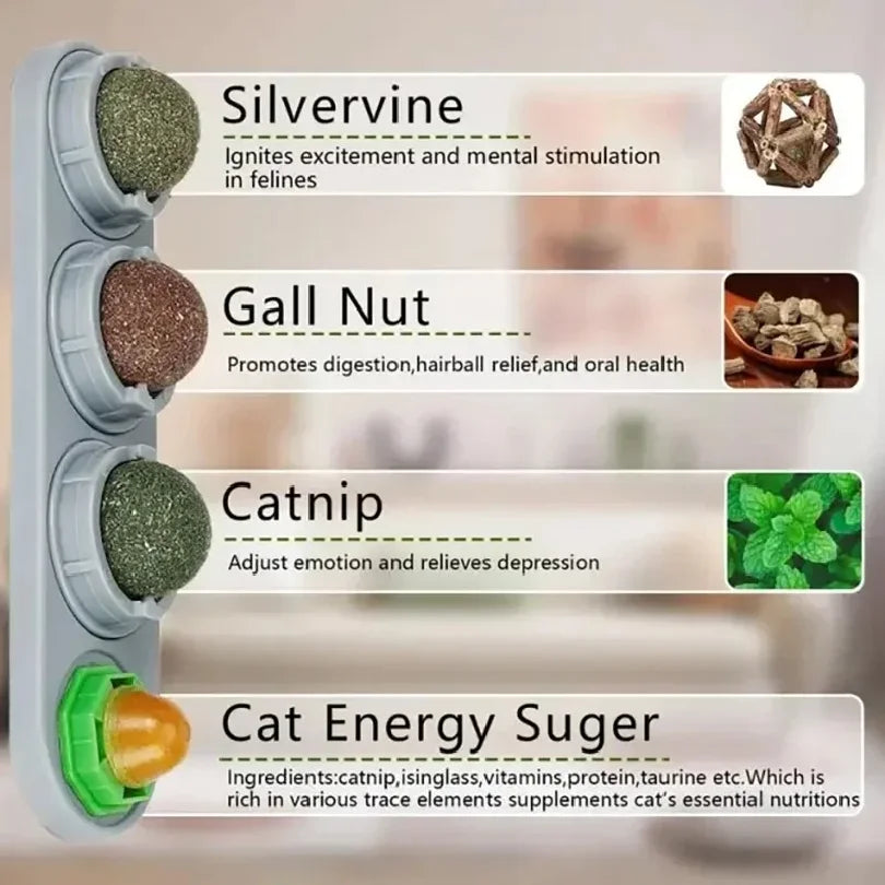 4 in 1 Rotating Catnip Silver Vine Ball Teeth Cleaning Acne Prevention Digestive Health Wall Stick