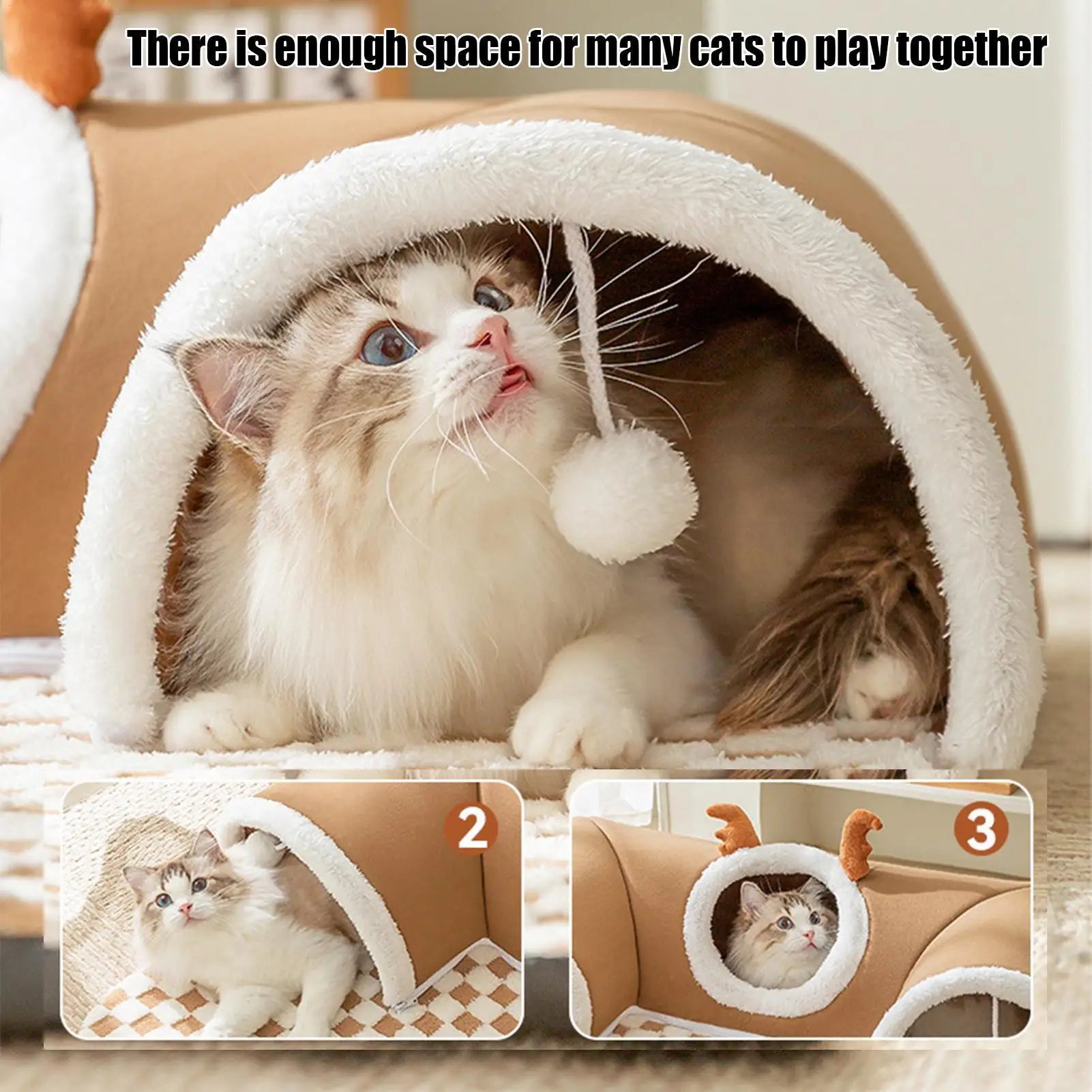 Cat Bed and Play Tunnel Warm House Tent with Plush Mat Indoor Hideaway Corner Shelter