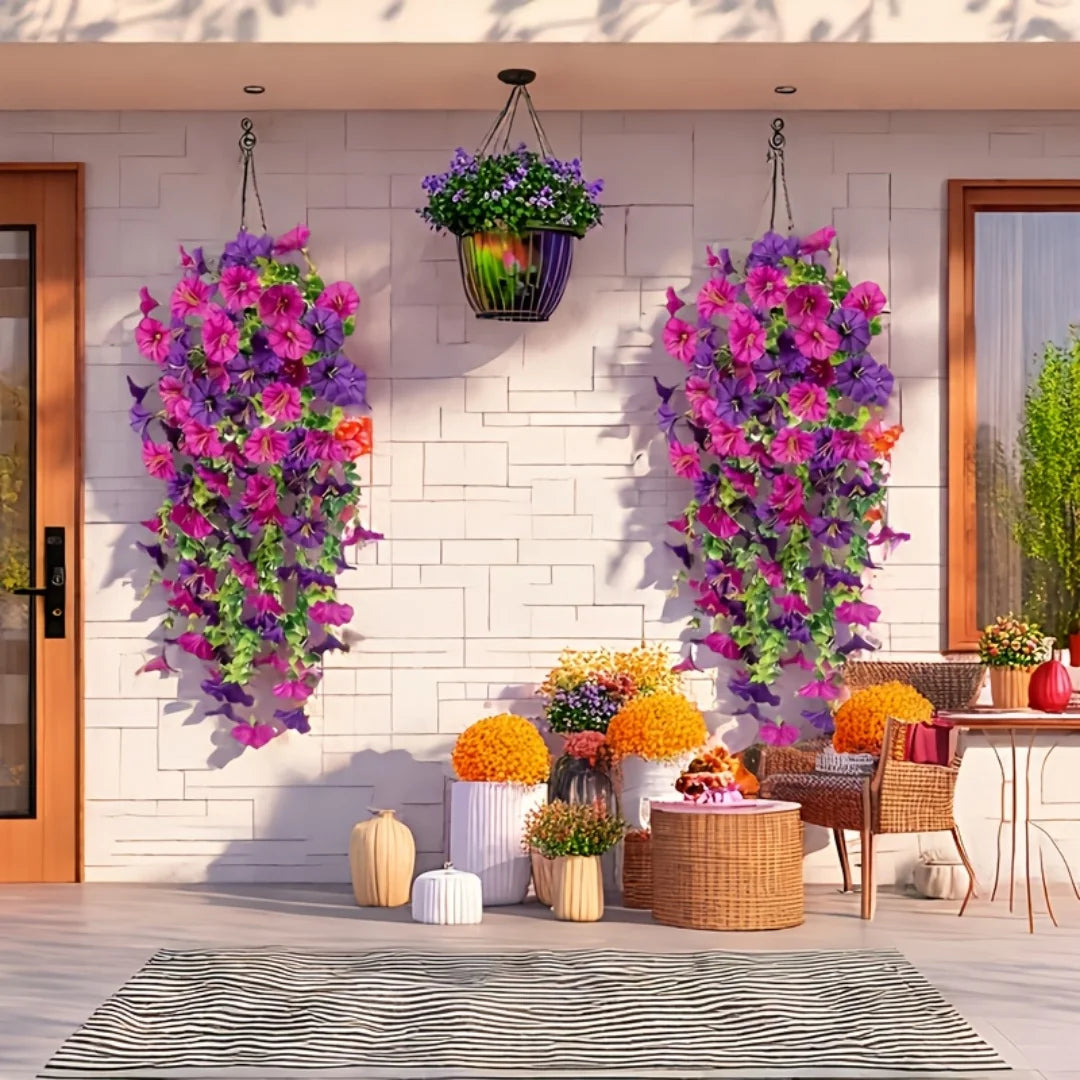 2pcs Artificial Hanging Flowers UV-Resistant Fake Plants Hanging Rattan Perfect for Home