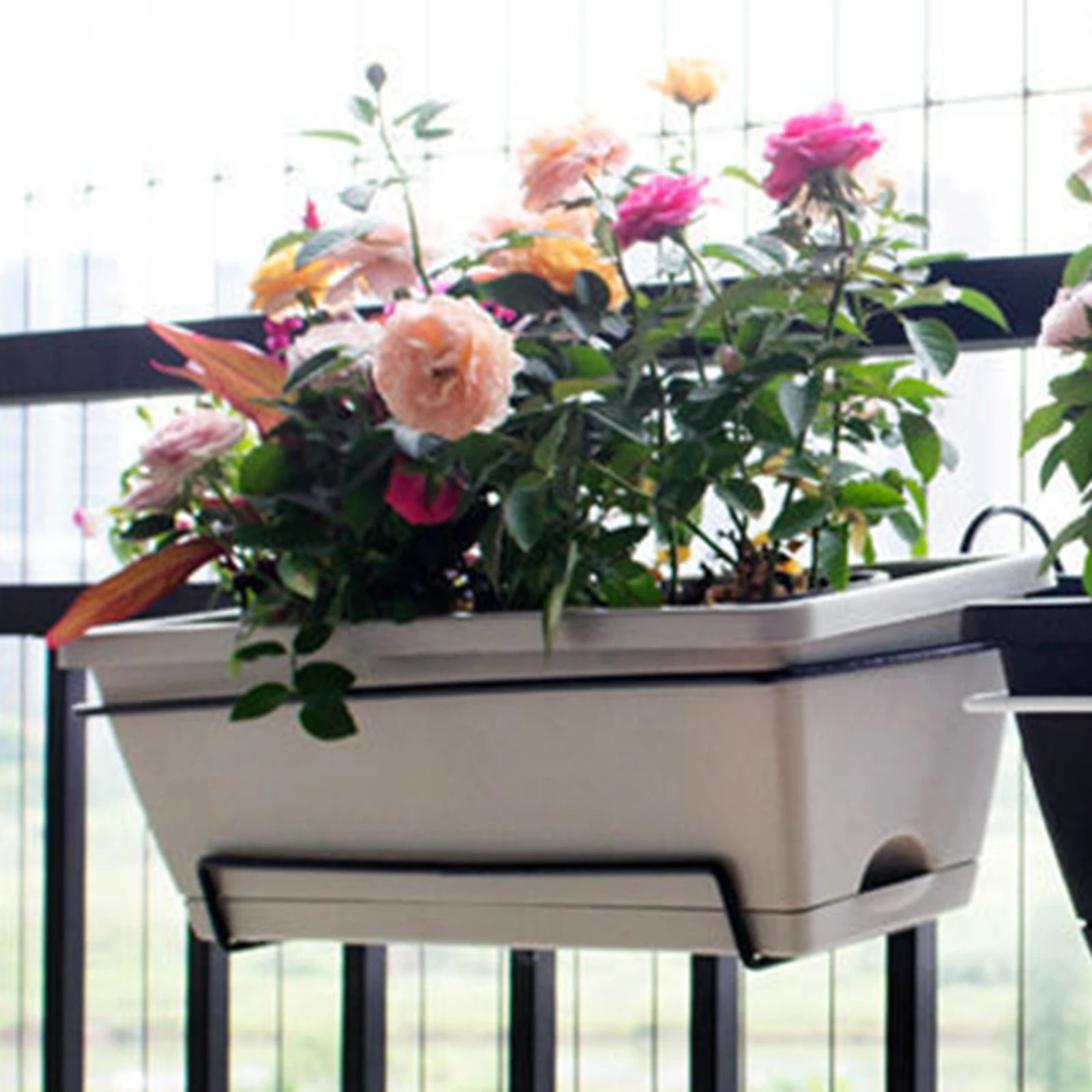 Balcony Railing Planter Plant Basket Fence Planter with Rack and Tray Flowerpot Window