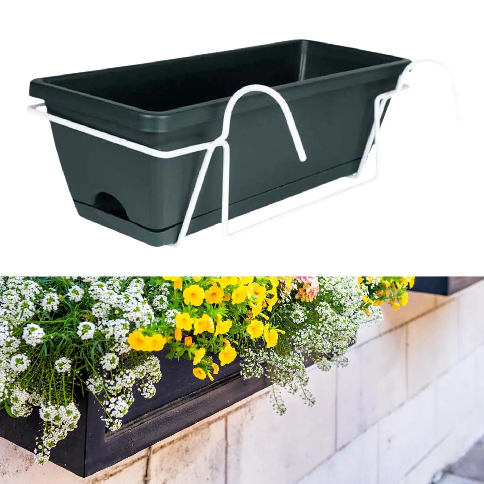 Balcony Railing Planter Plant Basket Fence Planter with Rack and Tray Flowerpot Window