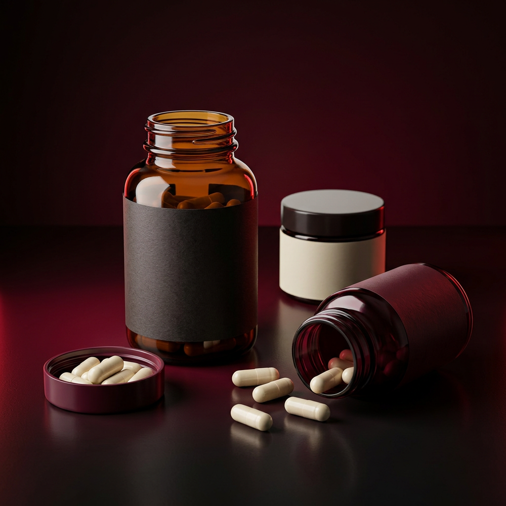 Dark red styled supplements image with open bottles and capsules