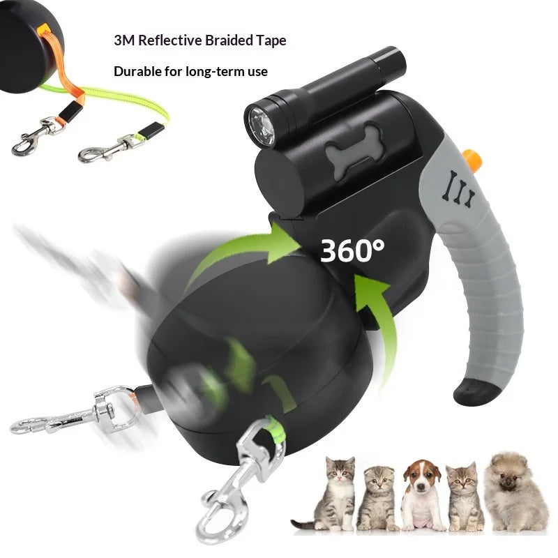 Auto Retractable Double-Headed Dog Leash 3M Rope for 2 Dogs with LED Flashlight 360 Degree