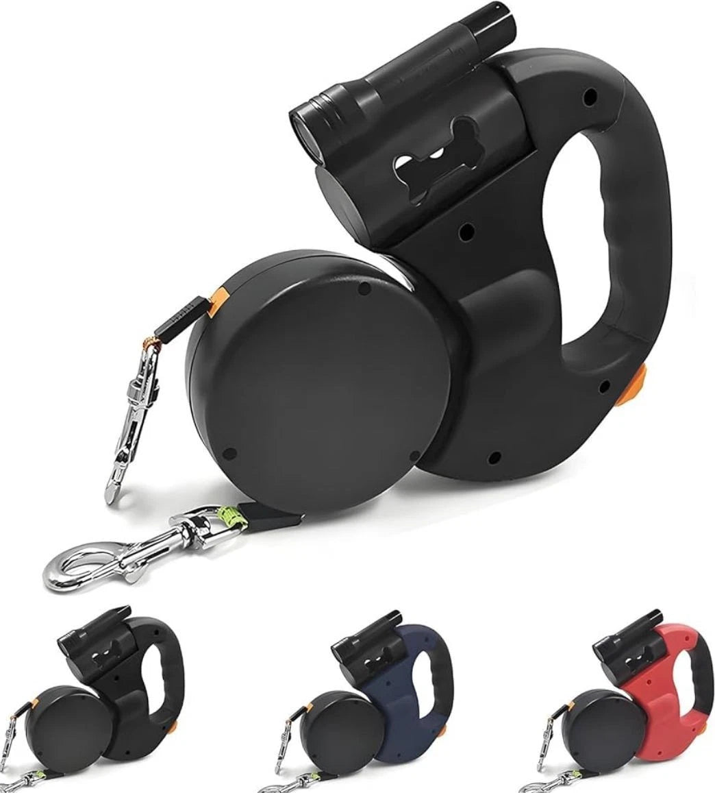 Auto Retractable Double-Headed Dog Leash 3M Rope for 2 Dogs with LED Flashlight 360 Degree